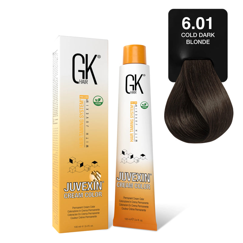 GK Hair Juvexin Cream Color 6.01 Cold Dark Blonde carton and tube beside a cool medium brown swatch card