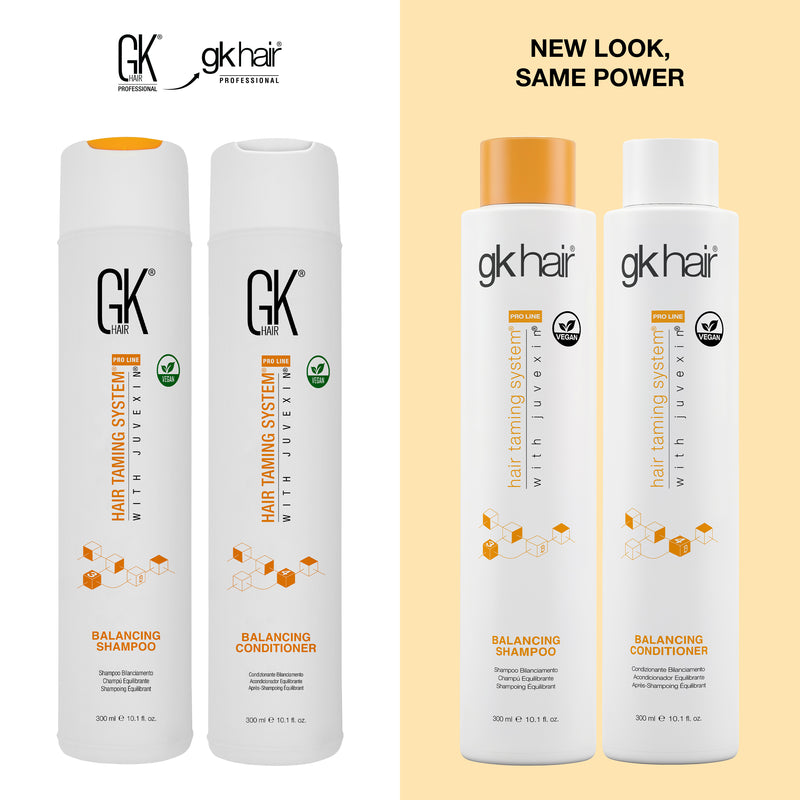 New Look, Same Power: GK Hair Balancing Shampoo and Conditioner 300 ml bottles, old GK HAIR pair beside the new gkhair pair
