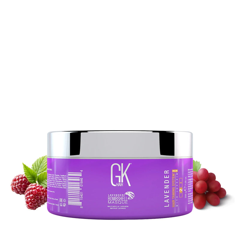 GK Hair Lavender Bombshell Masque 200 g purple tub with raspberries and grapes on a white background