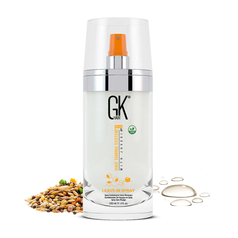 GK Hair Leave-In Hair Spray Pro 120 ml vegan spray bottle with orange nozzle, mixed seeds and oil droplets
