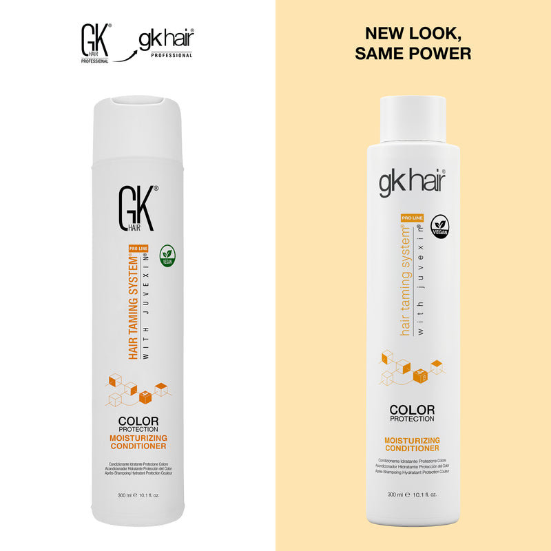 New Look, Same Power: GK Hair Color Protection Moisturizing Conditioner 300 ml bottle, old GK HAIR pack beside the new gkhair pack