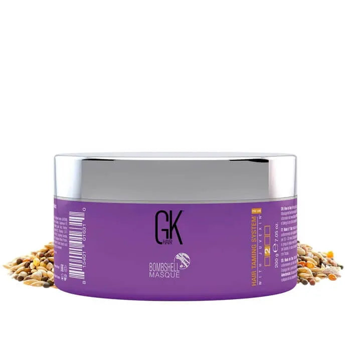 GK Hair Red Red Bombshell Masque Pro 200 g purple tub with silver lid, surrounded by mixed seeds and grains