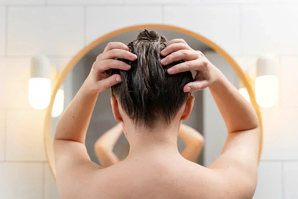A person with wet hair applies product while looking in a round mirror, with soft lighting in a modern bathroom setting.