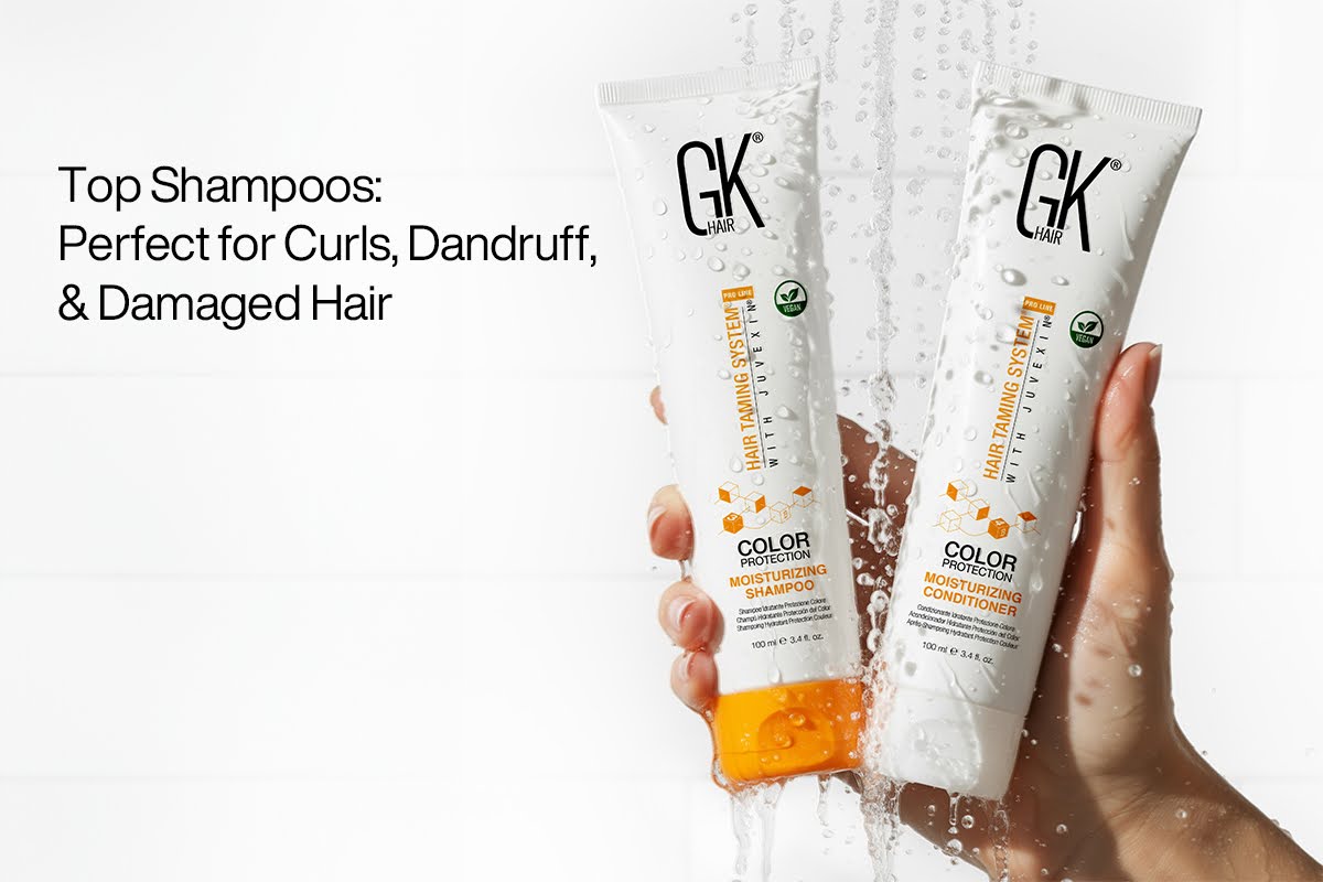 GK Hair moisturizing shampoo and conditioner for curls, dandruff, and damaged hair, with water droplets in a bright setting.