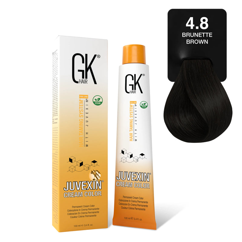 GK Hair Juvexin Cream Color 4.8 Brunette Brown carton and 100 ml tube beside its hair colour swatch card