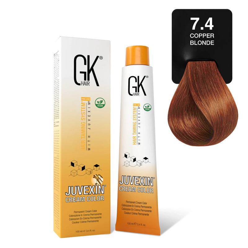 GK Hair Juvexin Cream Color 7.4 Copper Blonde 100 ml tube and carton beside a bright copper hair colour swatch