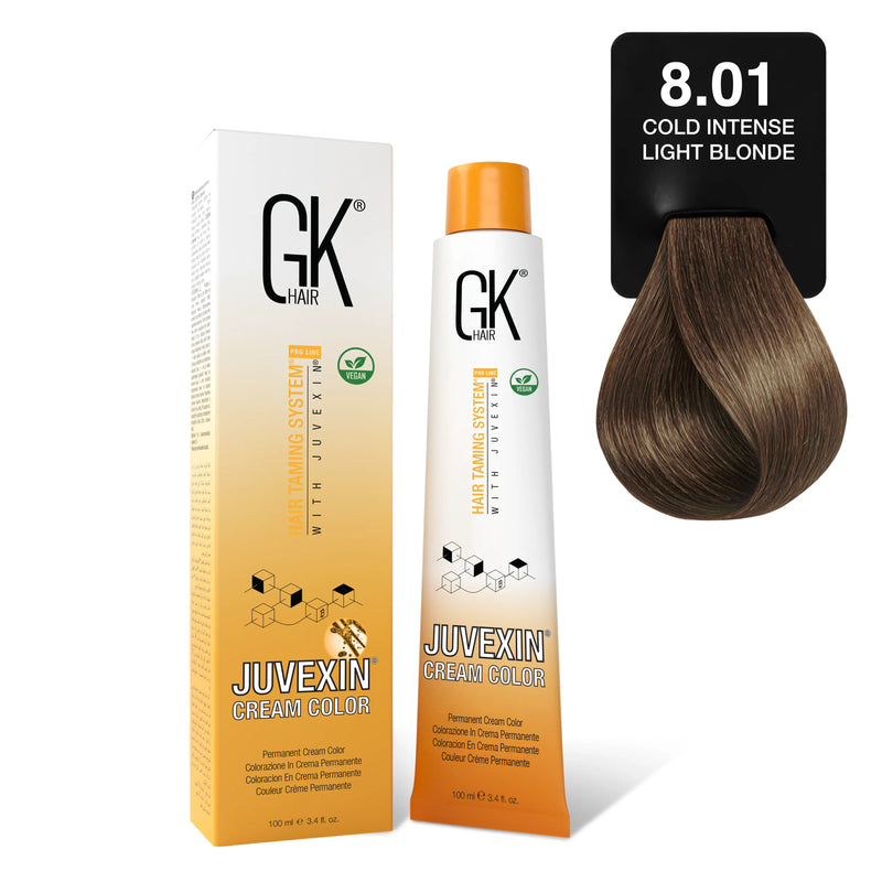 GK Hair Juvexin Cream Color 8.01 Cold Intense Light Blonde carton and tube beside an ashy light brown swatch card