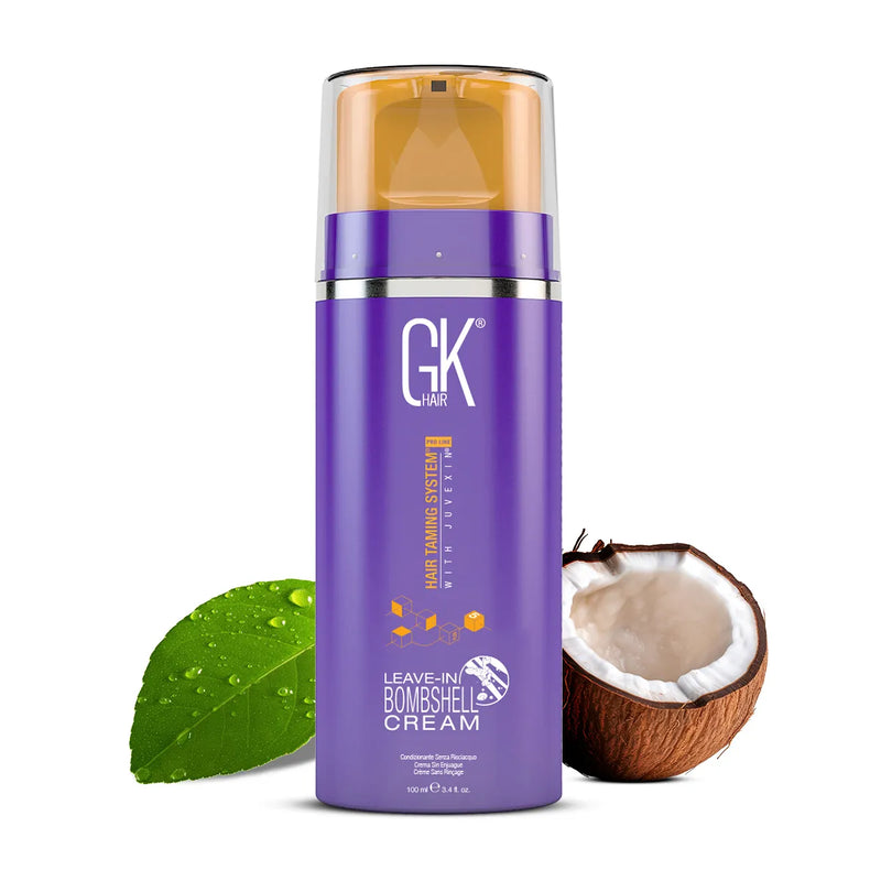 GK Hair Leave-In Bombshell Cream Pro 100 ml purple pump bottle with a green leaf and half a coconut on white