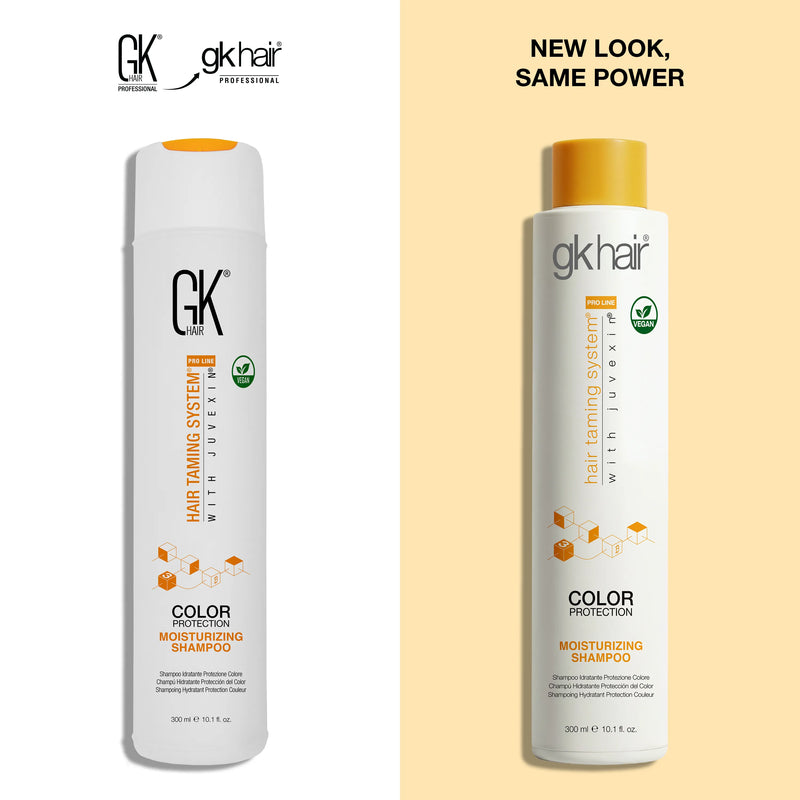 New Look, Same Power: GK Hair Color Protection Moisturizing Shampoo 300 ml bottle, orange cap, old GK HAIR pack beside the new gkhair