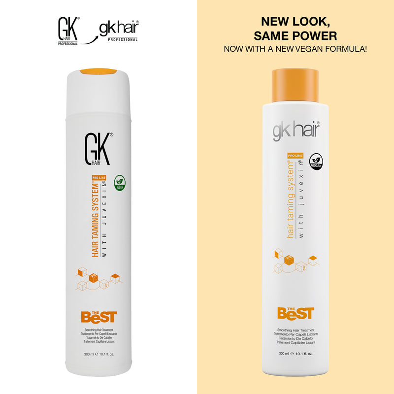 New Look, Same Power, Now With a New Vegan Formula: GK Hair The Best 300 ml bottle, old GK HAIR pack beside the new gkhair pack