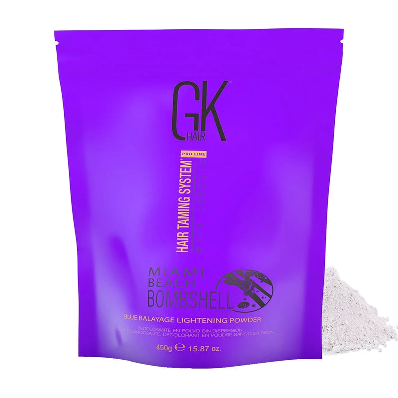GK Hair Miami Beach Bombshell Blue Balayage Lightening Powder 450 g pouch beside a mound of white lightening powder