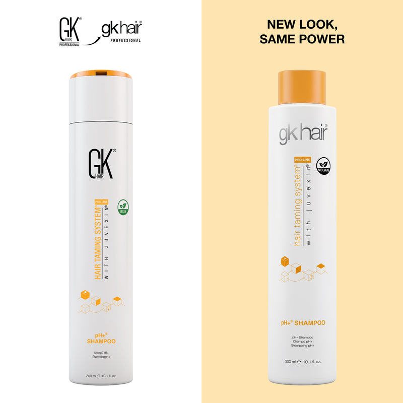 New Look, Same Power: GK Hair pH+ Shampoo 300 ml bottle, orange cap, old GK HAIR pack beside the new gkhair pack